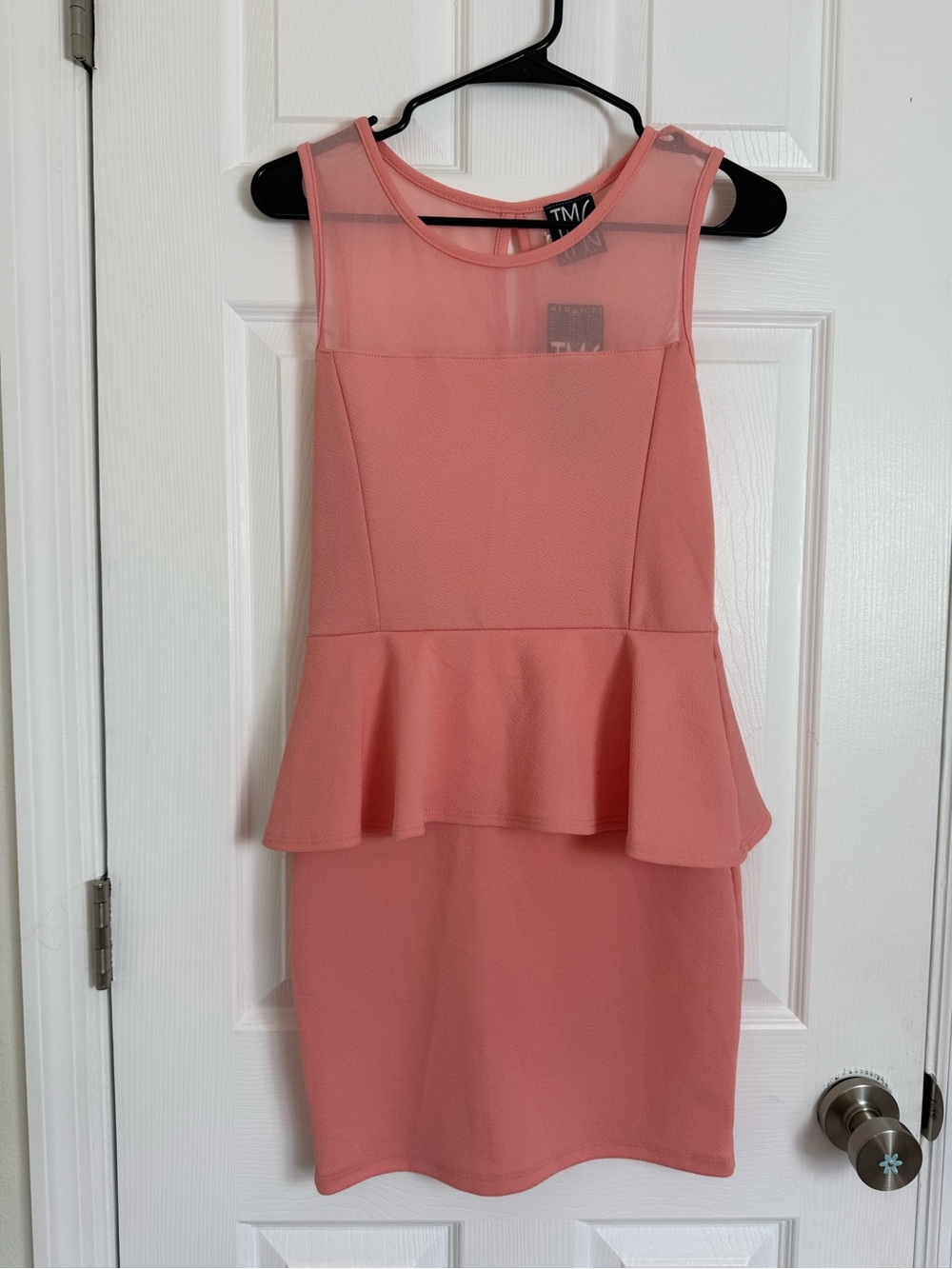 New York & Company Coral Peplum Mesh Yoke Mini Dress